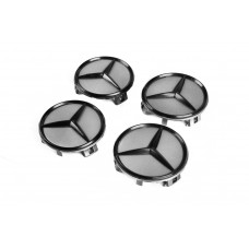 Ковпачки на диски 71/74 мм без кільця (4 шт, сірі з чорним знаком) для Mercedes-Benz