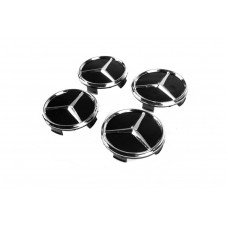 Ковпачки на диски 71/74 мм без кільця (4 шт, чорні з хром знаком) для Mercedes-Benz